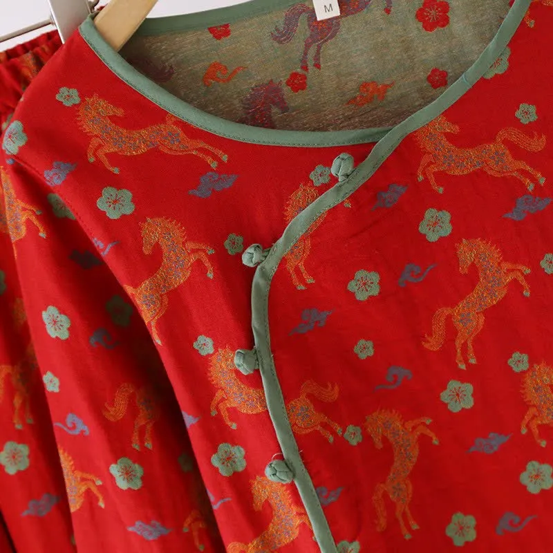 Loungewear-Set aus Baumwollgaze mit Pferdemotiv und Blumenmuster