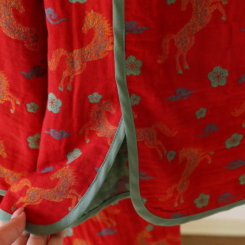 Loungewear-Set aus Baumwollgaze mit Pferdemotiv und Blumenmuster