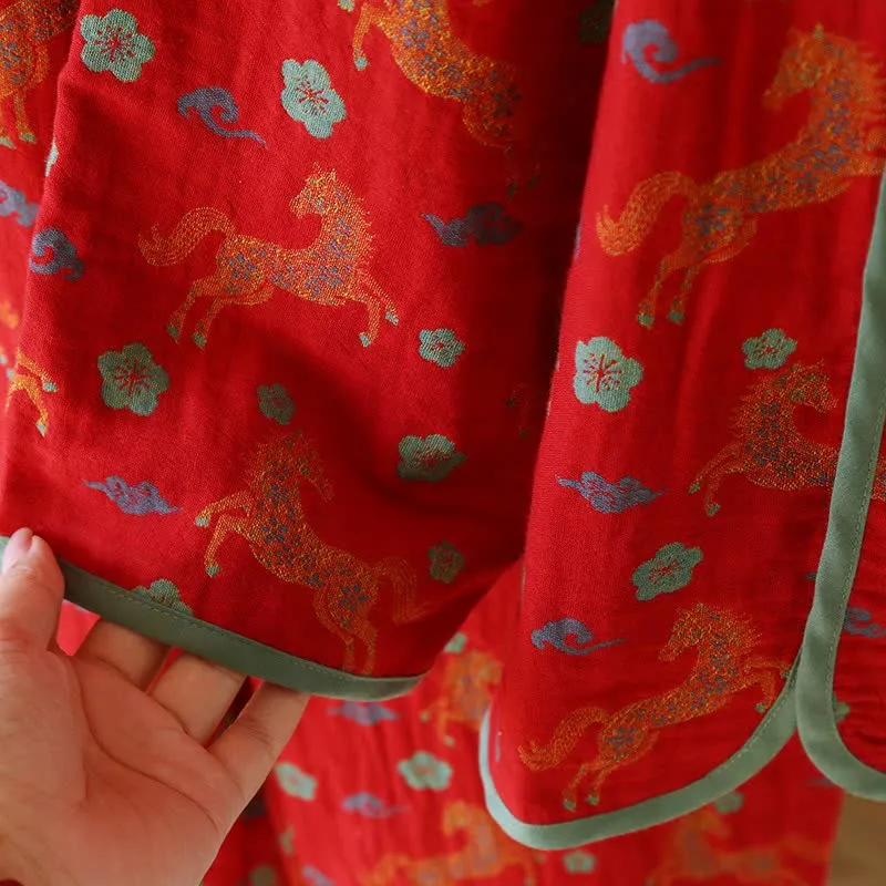 Loungewear-Set aus Baumwollgaze mit Pferdemotiv und Blumenmuster