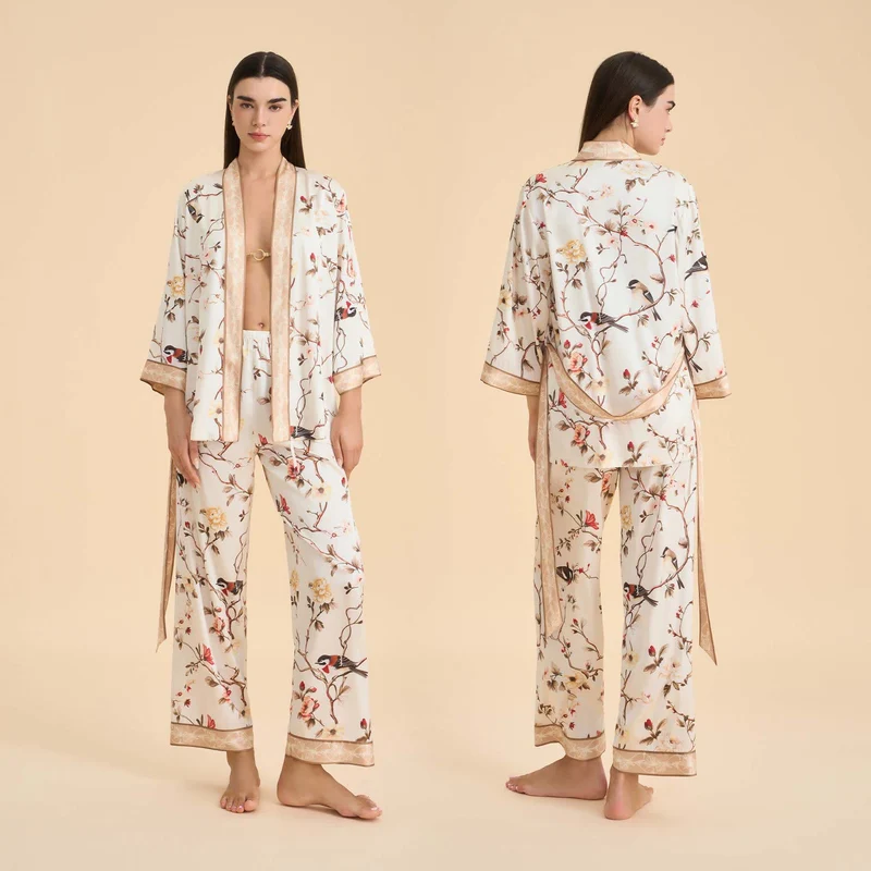 Vintage Kimono-Loungewear-Set mit Blumenmuster und Vogelmotiven