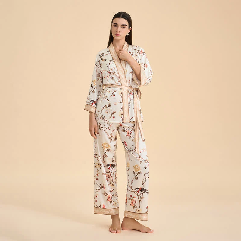 Vintage Kimono-Loungewear-Set mit Blumenmuster und Vogelmotiven