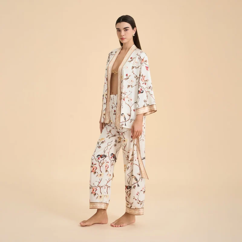 Vintage Kimono-Loungewear-Set mit Blumenmuster und Vogelmotiven