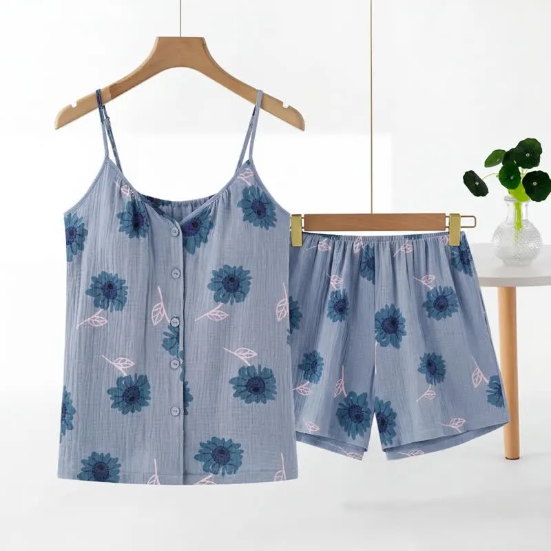 Ärmelloser Pyjama mit blauem Sonnenblumenmuster