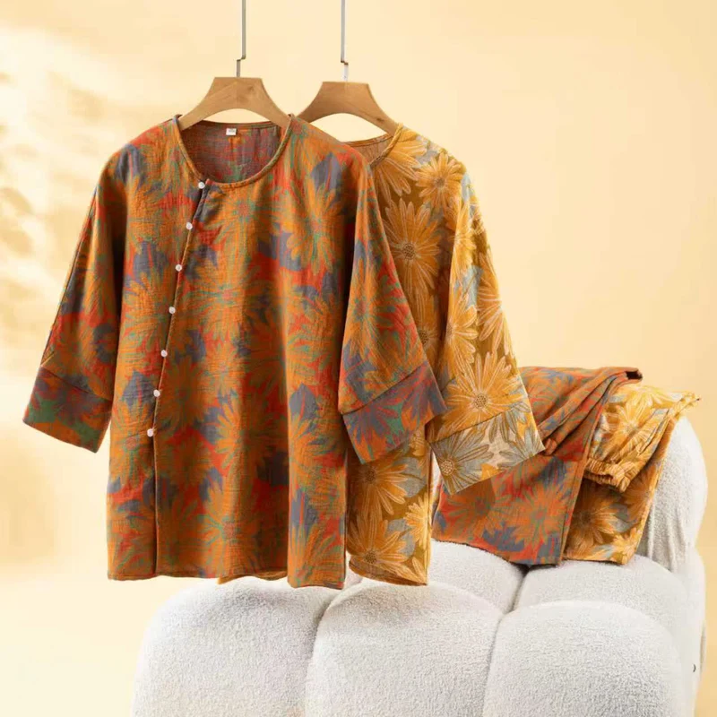 Retro-Sonnenblumen-Pyjama-Set aus reiner Baumwolle