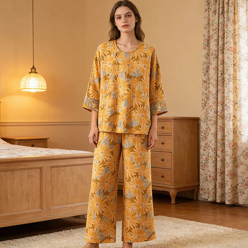 Retro-Sonnenblumen-Pyjama-Set aus reiner Baumwolle