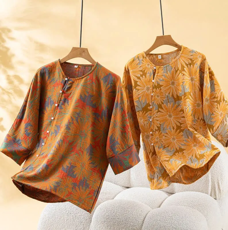 Retro-Sonnenblumen-Pyjama-Set aus reiner Baumwolle