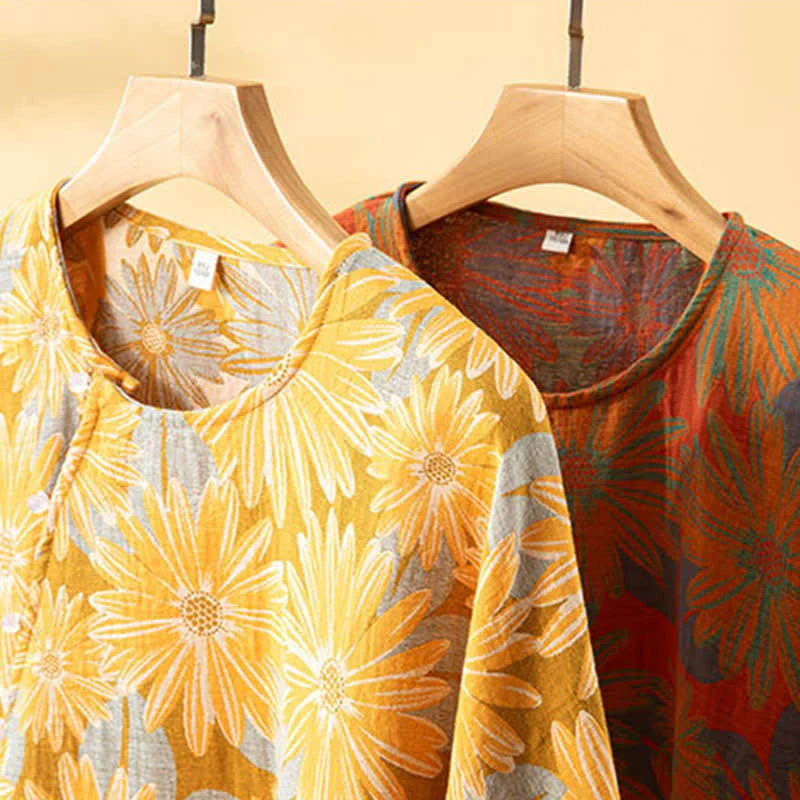 Retro-Sonnenblumen-Pyjama-Set aus reiner Baumwolle