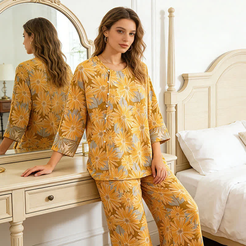 Retro-Sonnenblumen-Pyjama-Set aus reiner Baumwolle