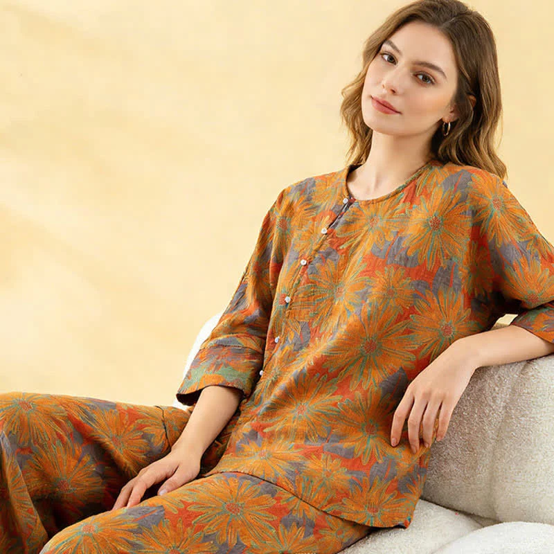 Retro-Sonnenblumen-Pyjama-Set aus reiner Baumwolle