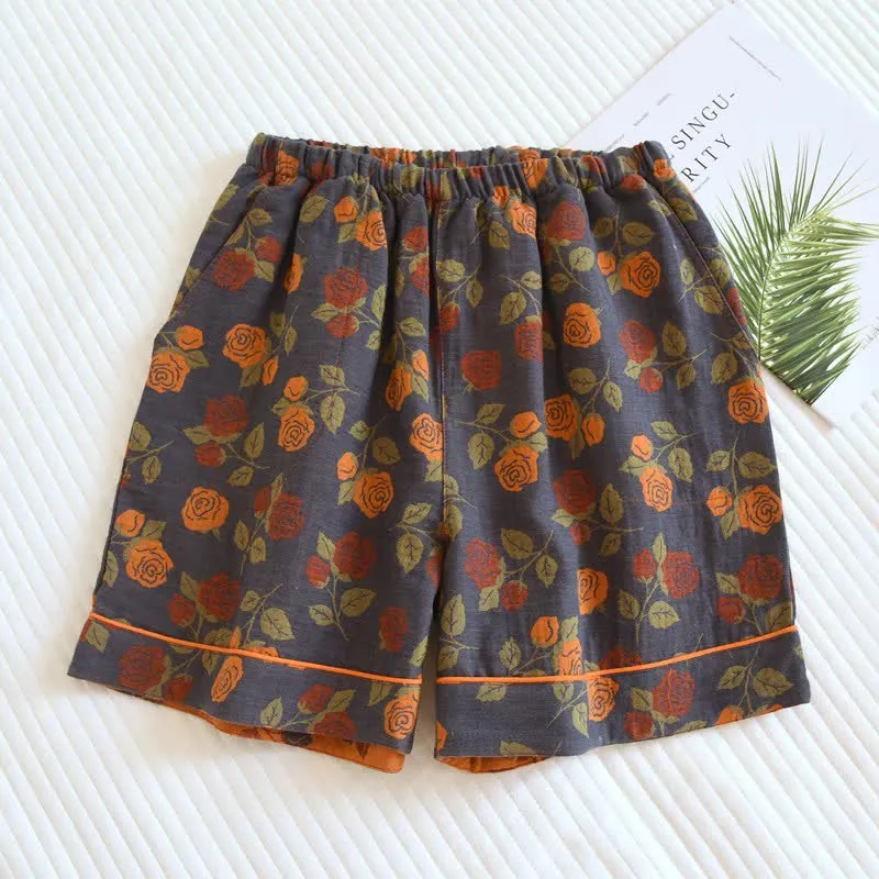 Pyjama-Shorts aus Baumwollgaze mit pastoralem Rosenmuster