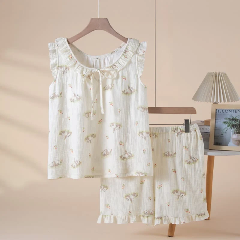 Ärmelloser Pyjama aus Baumwollgaze mit Panda-Motiv