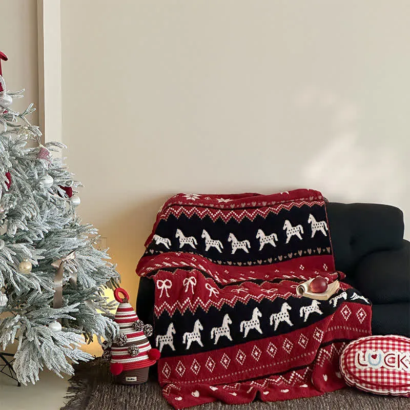 Ownkoti Vintage-Überwurfdecke mit nordischem Pferde- und Schneeflockenmotiv