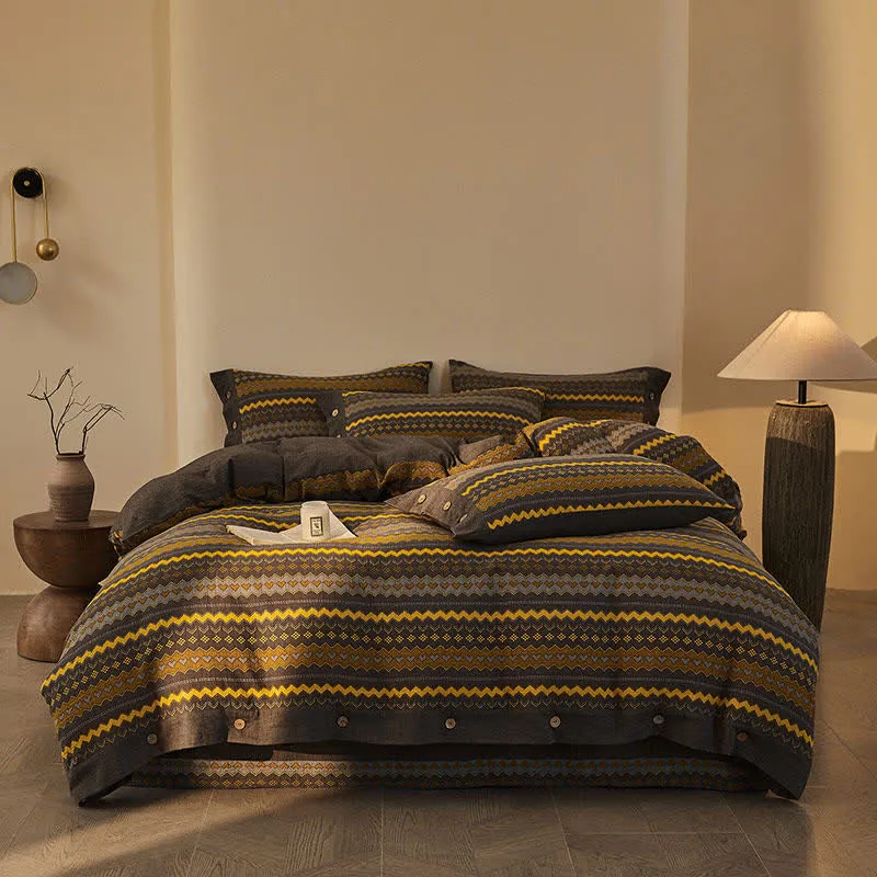 Bettwäsche-Set aus Baumwoll-Doppelgaze mit Wellenstreifen (4-teilig)