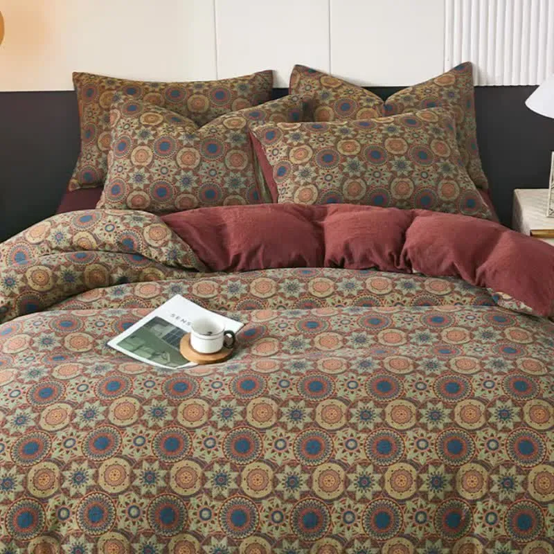 Vintage Medaillon-Jacquard-Baumwoll-Doppelgaze-Bettwäsche