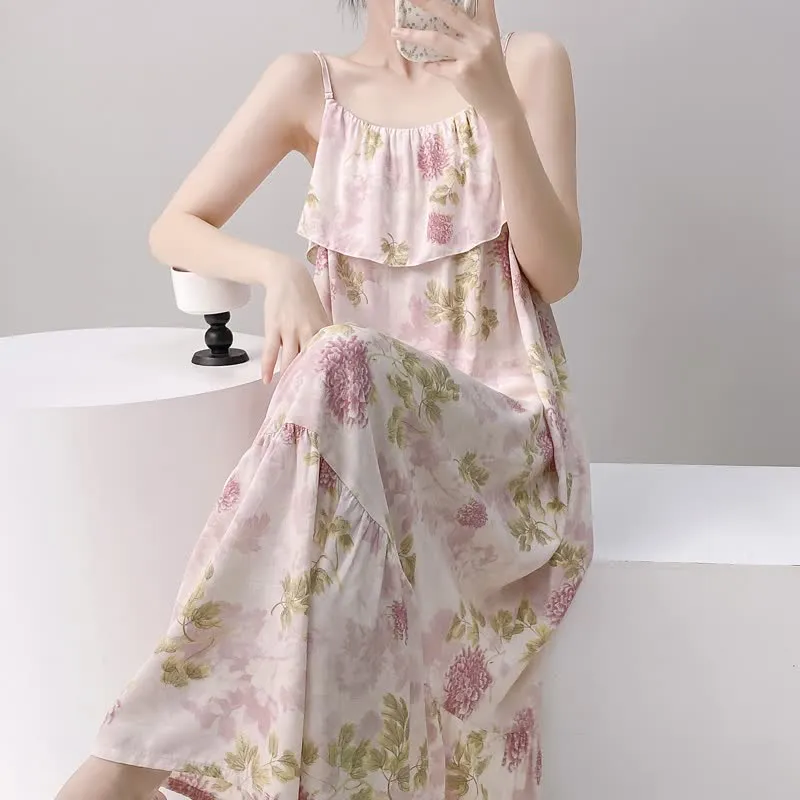 Pink Chrysanthemum Cami Lounge Nightgown