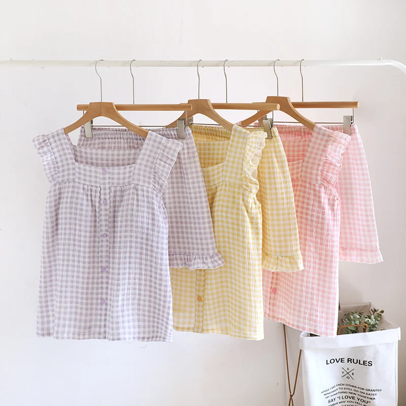 Pyjama-Set aus Baumwolle mit Rüschenärmeln und Vichy-Karo