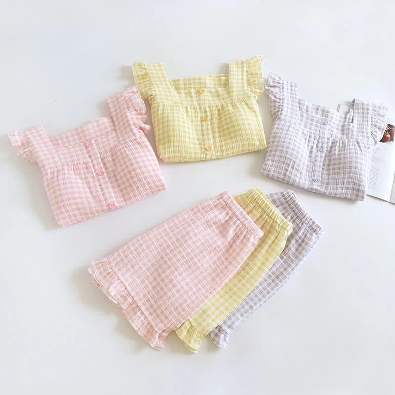 Pyjama-Set aus Baumwolle mit Rüschenärmeln und Vichy-Karo