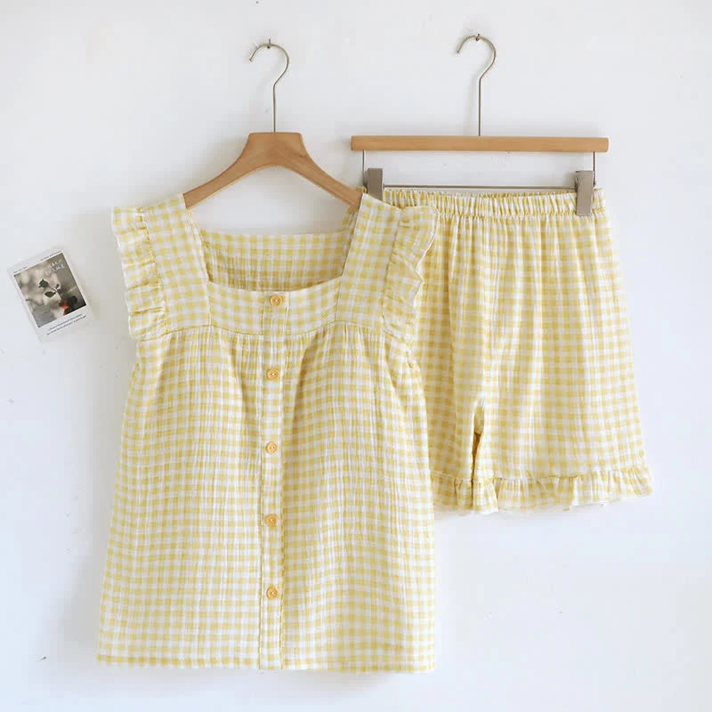 Pyjama-Set aus Baumwolle mit Rüschenärmeln und Vichy-Karo