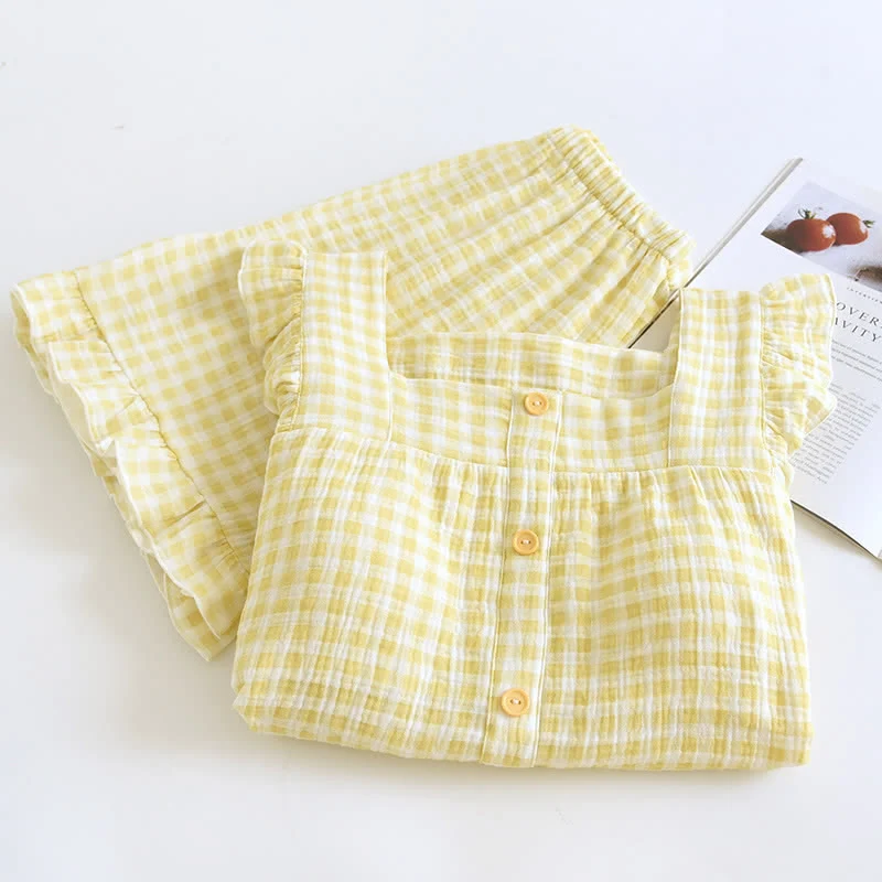 Pyjama-Set aus Baumwolle mit Rüschenärmeln und Vichy-Karo