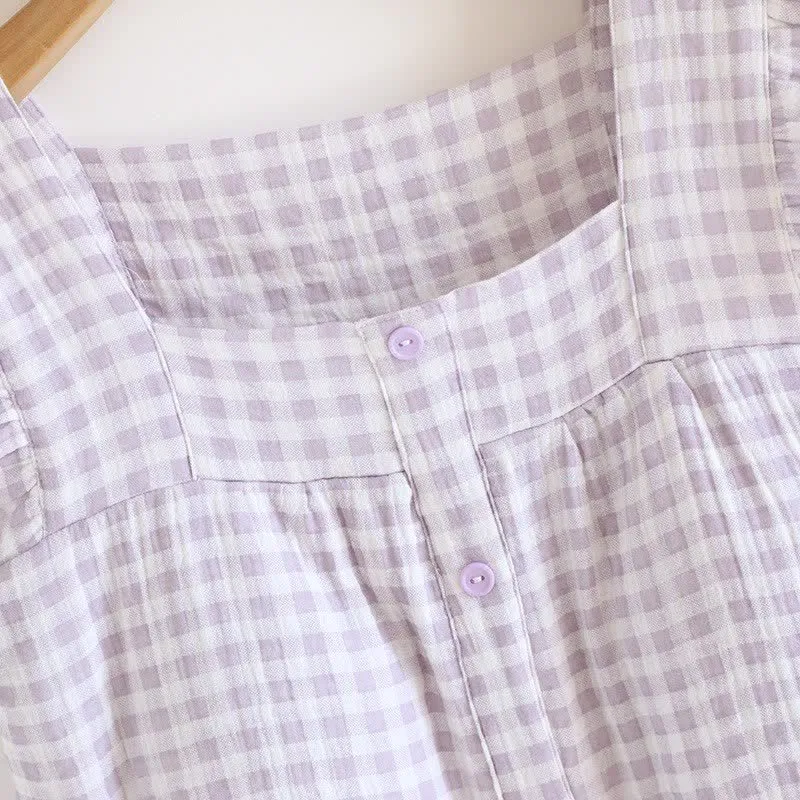 Pyjama-Set aus Baumwolle mit Rüschenärmeln und Vichy-Karo