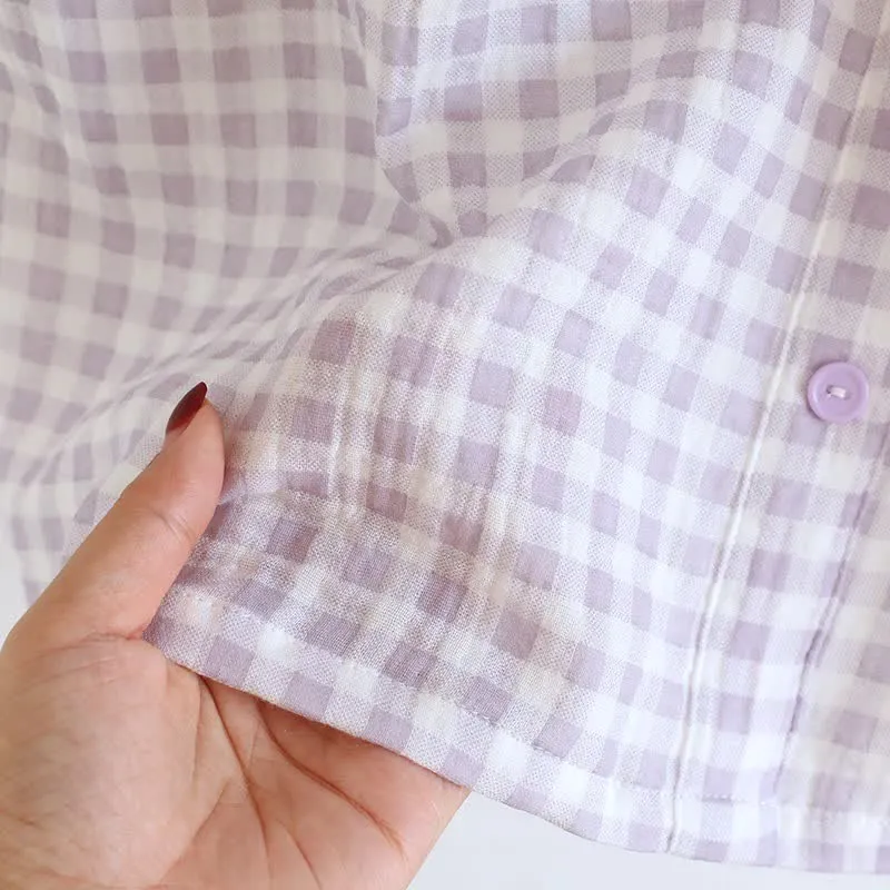 Pyjama-Set aus Baumwolle mit Rüschenärmeln und Vichy-Karo