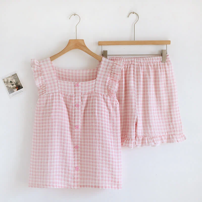 Pyjama-Set aus Baumwolle mit Rüschenärmeln und Vichy-Karo