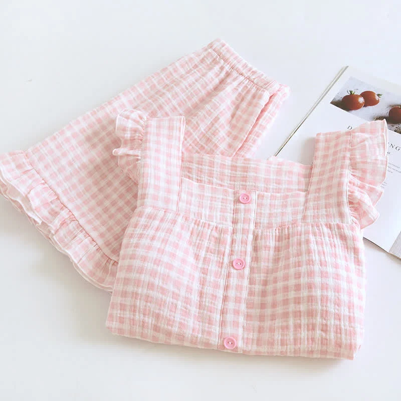 Pyjama-Set aus Baumwolle mit Rüschenärmeln und Vichy-Karo
