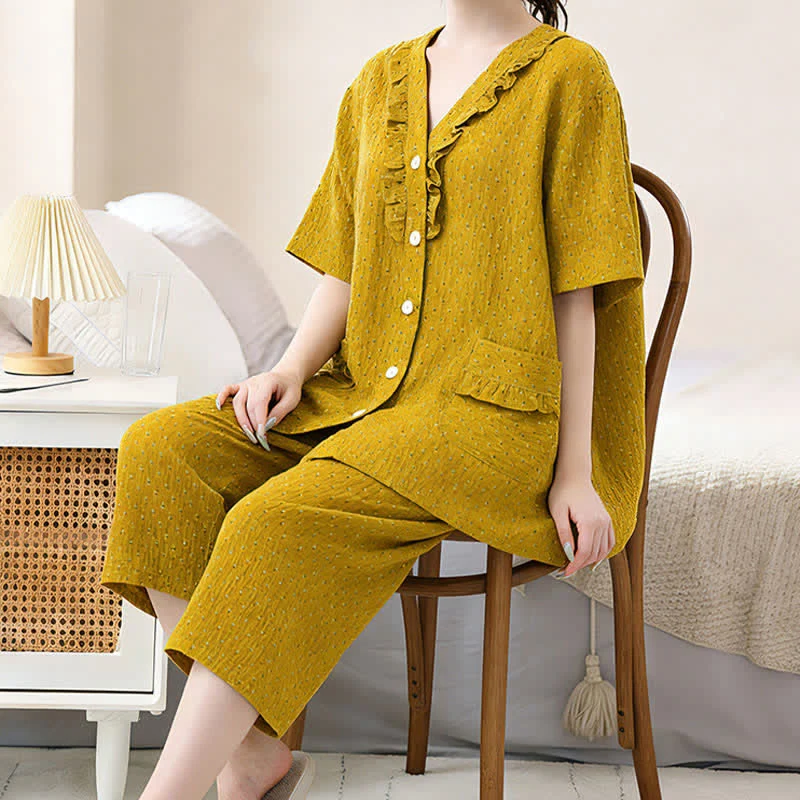 Senffarbenes Baumwoll-Loungewear-Set mit Rüschen