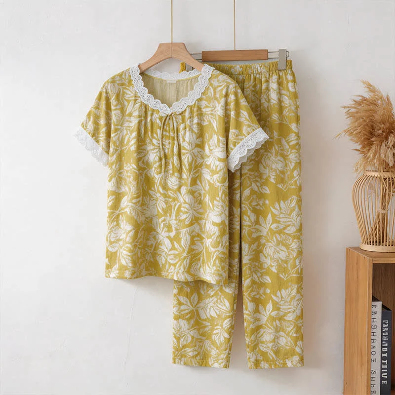 Loungewear-Set mit botanischem Baumwollspitzenbesatz