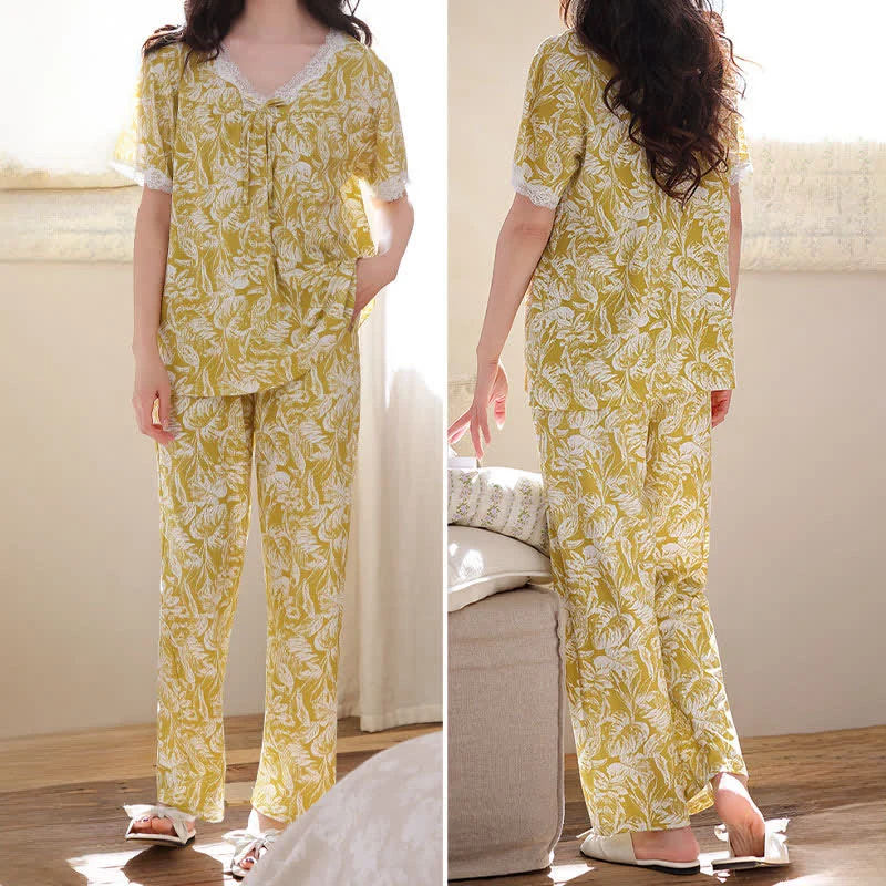 Loungewear-Set mit botanischem Baumwollspitzenbesatz