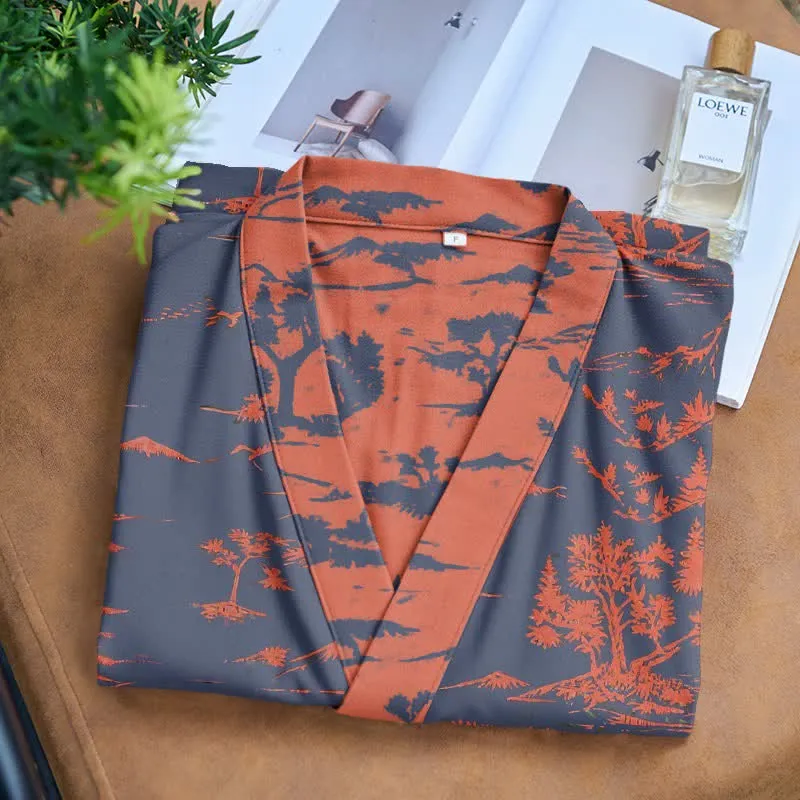 Unisex Kimono-Bademantel aus Baumwollgaze mit Berg- und Baummotiven