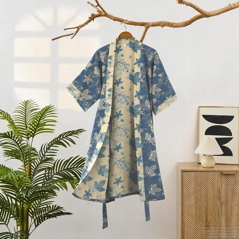 Unisex Kimono-Bademantel aus Baumwolle mit Ahornblattmuster
