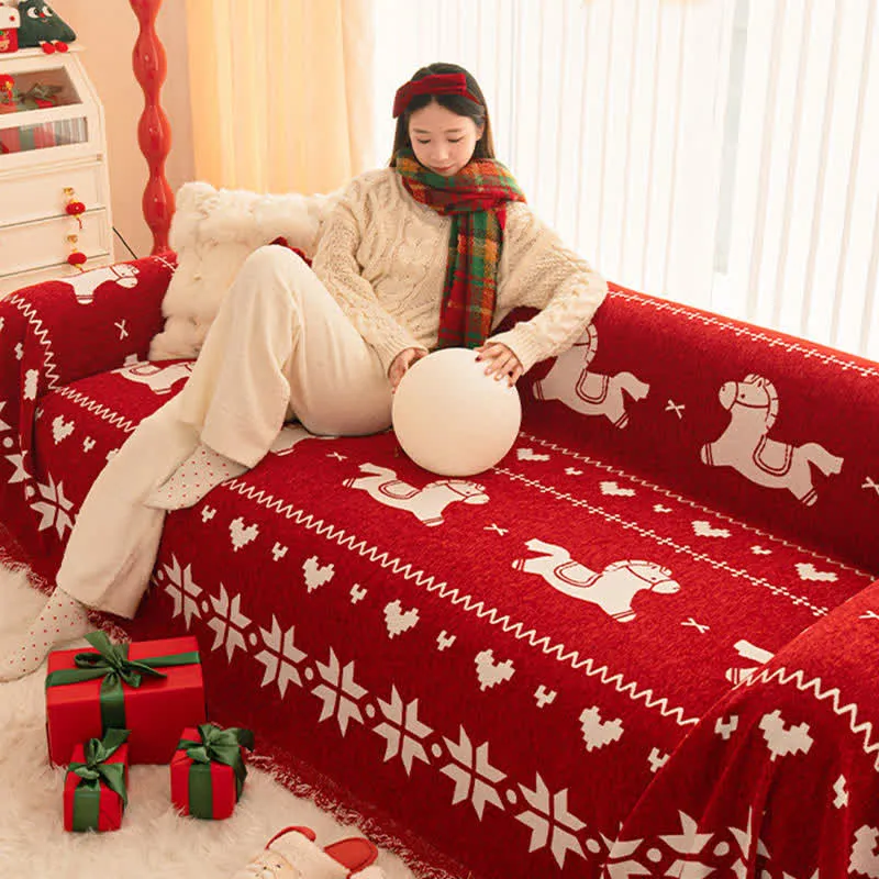 Neujahrs-Chenille-Sofabezug mit Glückspferd