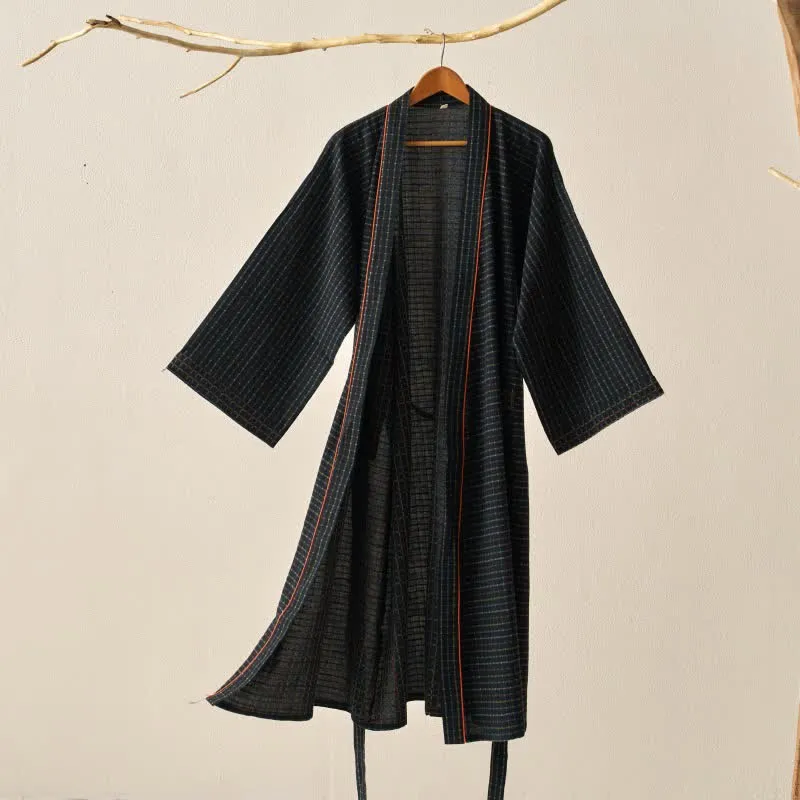 Karierte Kimono-Yukata-Robe aus Bio-Baumwolle