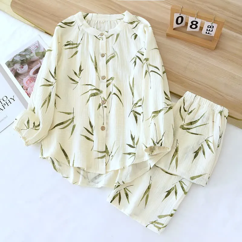 Pyjama-Set aus Baumwolle mit botanischem Bambusdruck