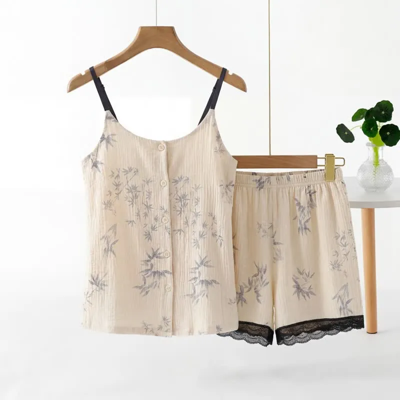 Elegantes ärmelloses Pyjama-Set mit Blattmotiv