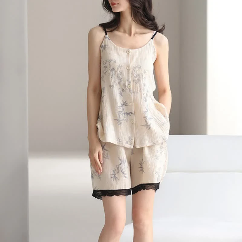 Elegantes ärmelloses Pyjama-Set mit Blattmotiv