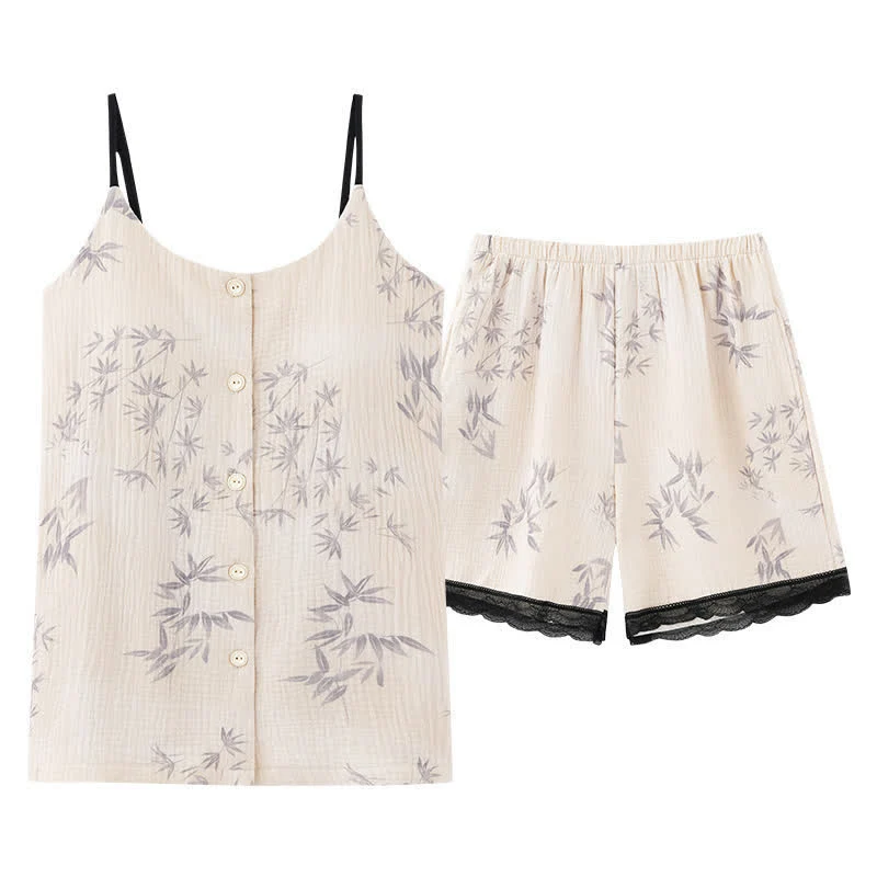 Elegantes ärmelloses Pyjama-Set mit Blattmotiv