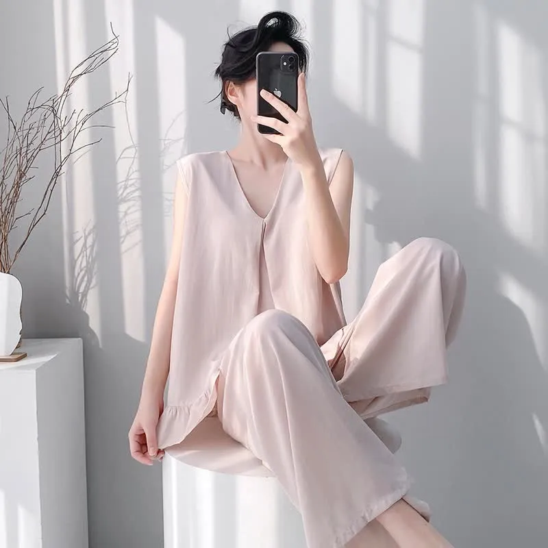 Pyjama-Set aus Tanktop und Hose in Unifarbe