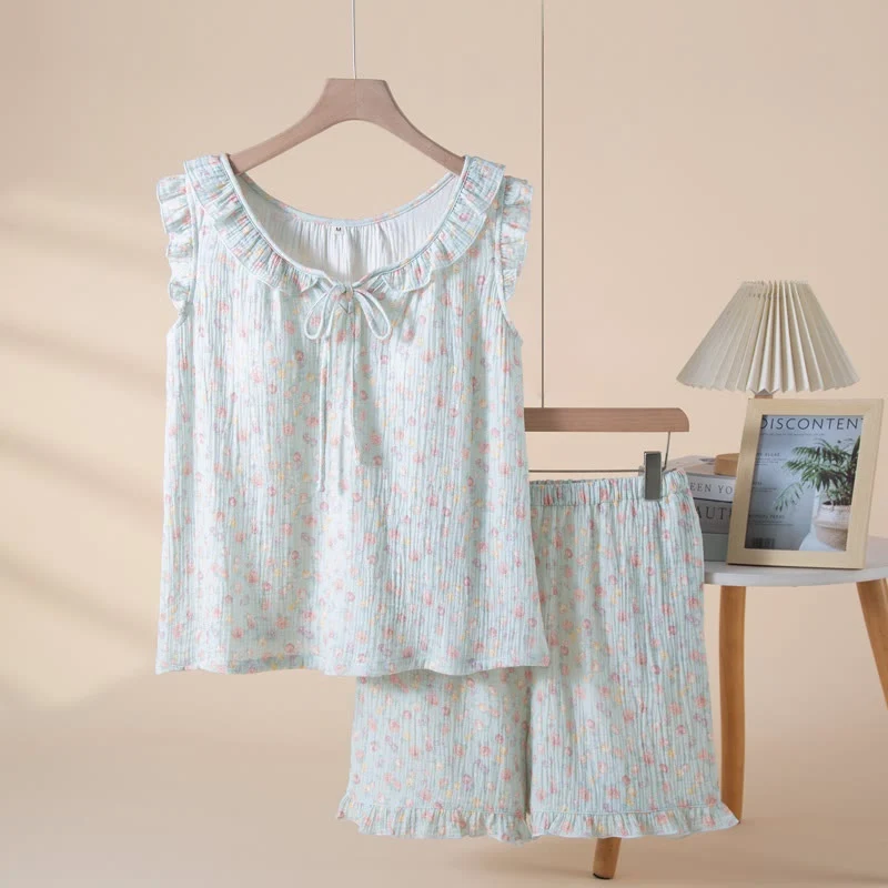 Eleganter ärmelloser Pyjama aus Baumwollgaze mit Blumenmuster
