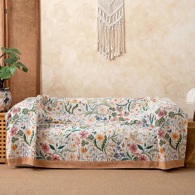 Sofadecke mit botanischem Blumenmuster aus Baumwolle