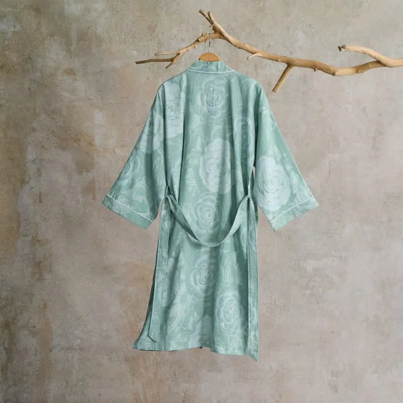 Luxuriöser Kimono-Bademantel aus reiner Baumwolle mit Pfingstrosenmuster