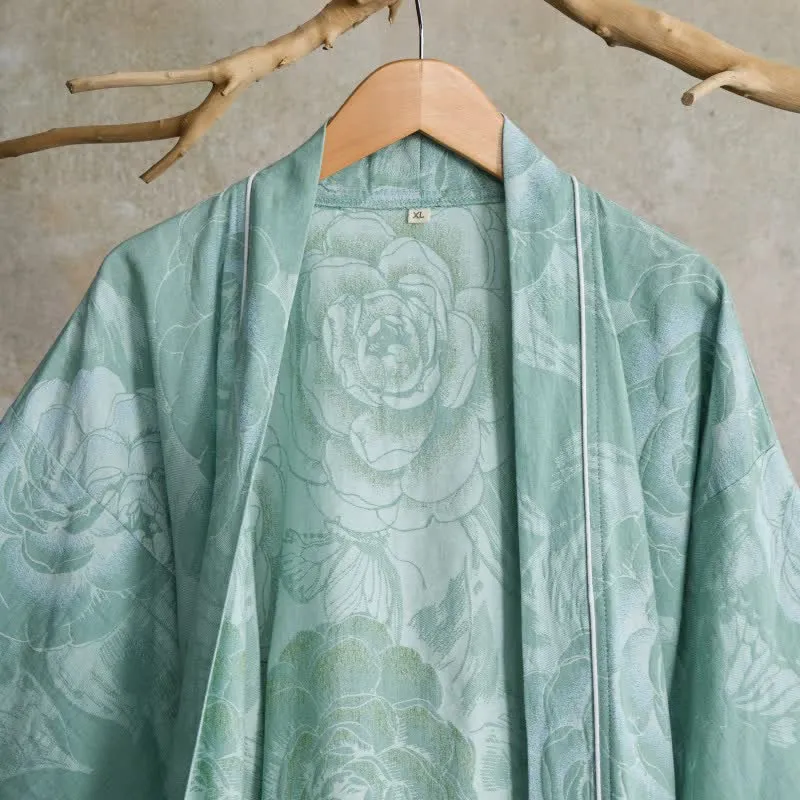 Luxuriöser Kimono-Bademantel aus reiner Baumwolle mit Pfingstrosenmuster