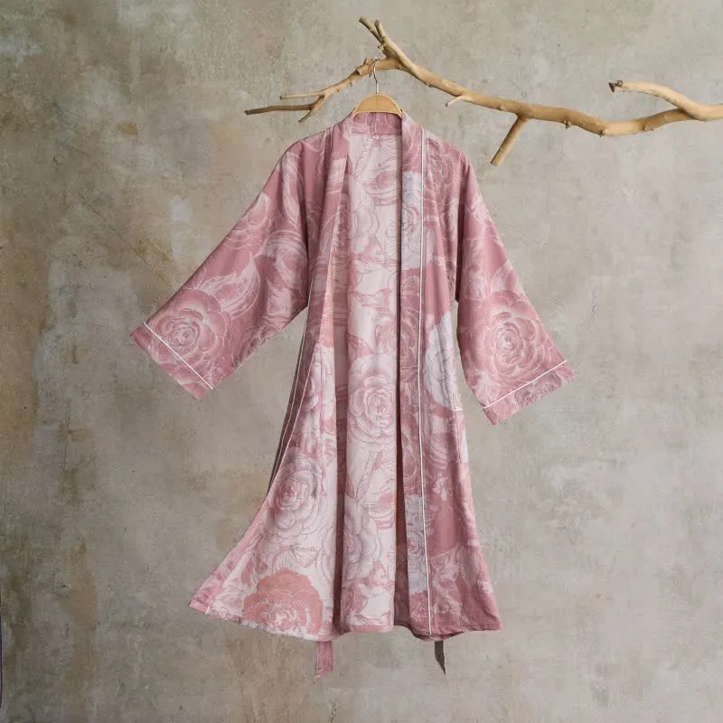 Luxuriöser Kimono-Bademantel aus reiner Baumwolle mit Pfingstrosenmuster