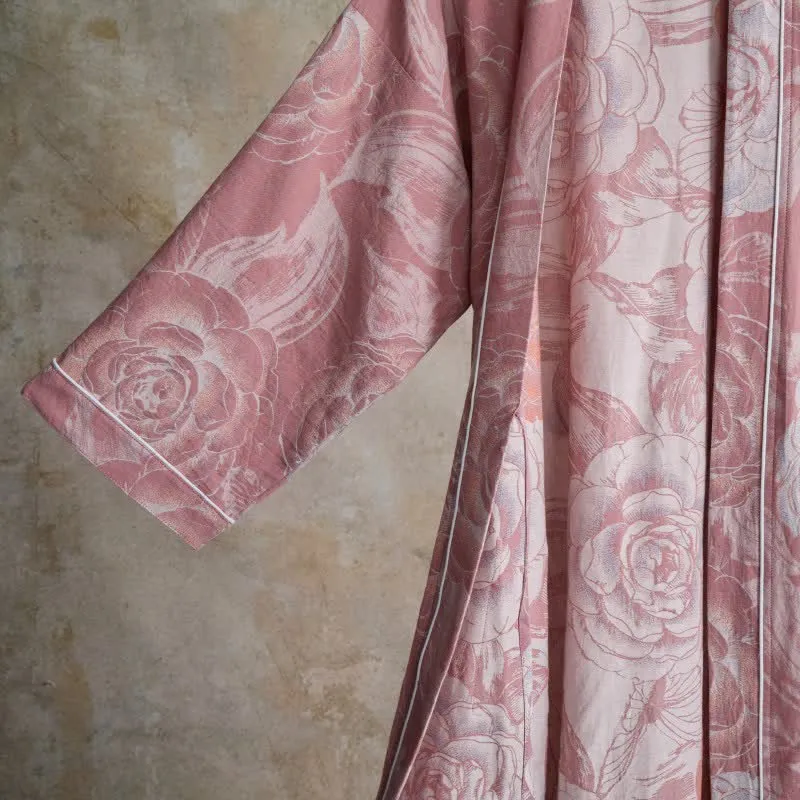 Luxuriöser Kimono-Bademantel aus reiner Baumwolle mit Pfingstrosenmuster