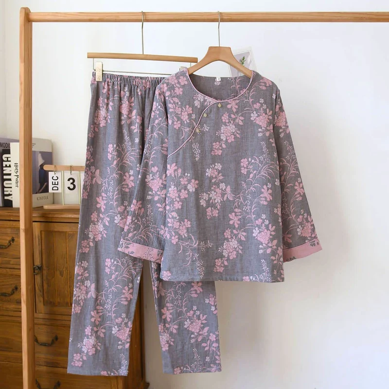 Pyjama aus Baumwollgaze mit Pflaumenblüten-Jacquardmuster