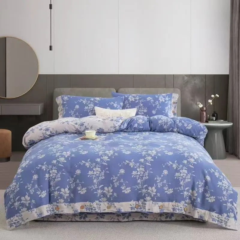 Bettwäsche-Set „Blue Lily“ aus Baumwollgaze (4-teilig)