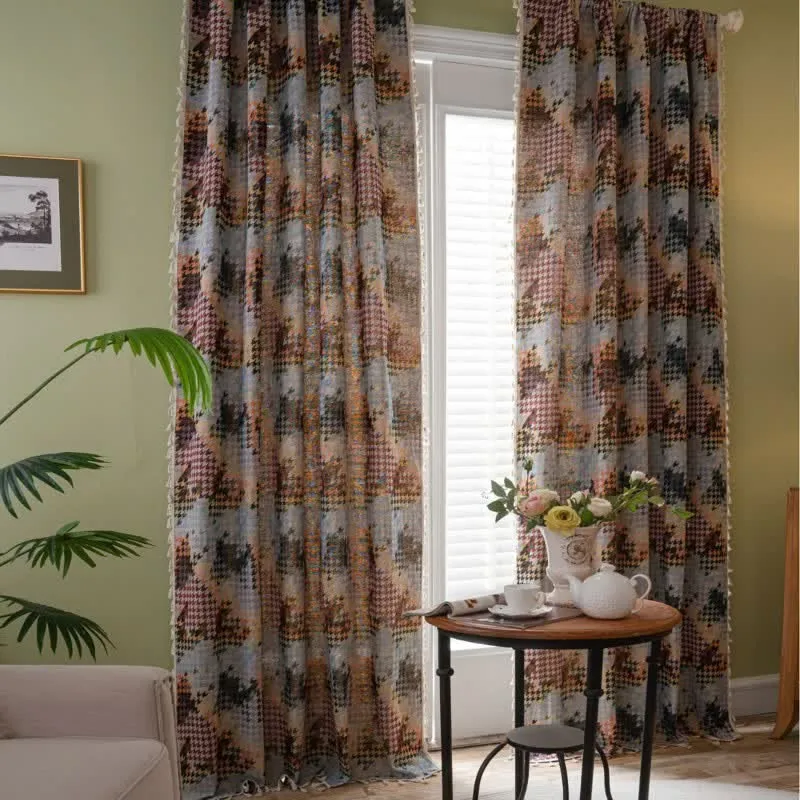 Bunter Hahnentritt-Jacquard-Vorhang mit Quaste