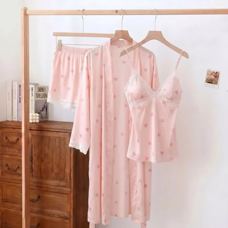 Pyjama-Set mit Herz- und Schleifenbesatz aus Spitze (3-teilig)
