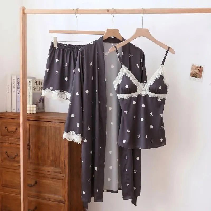 Pyjama-Set mit Herz- und Schleifenbesatz aus Spitze (3-teilig)